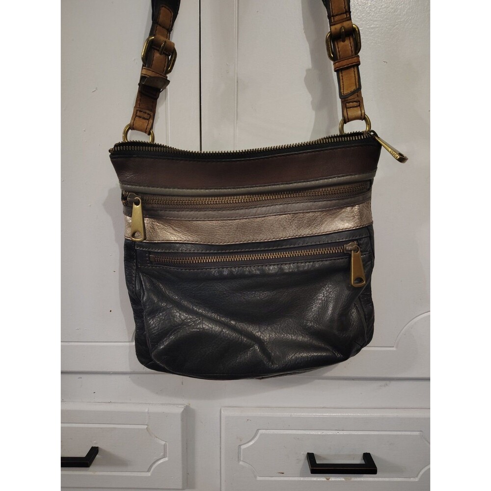 VTG Fossil Explorer Leather Crossbody Purse Triple Zip Cowhide Bag